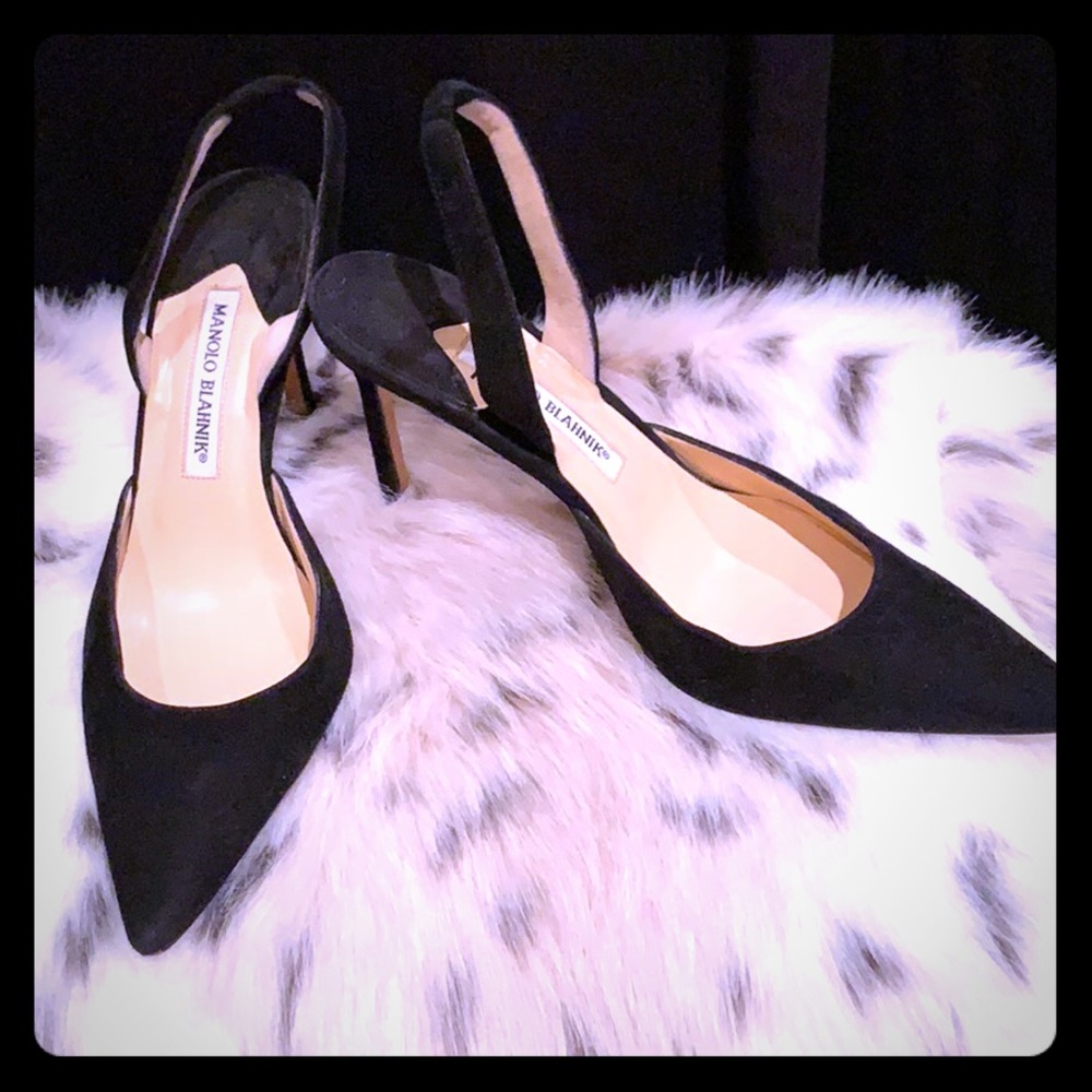 Black Suede Manolo Blahnik “Carolyne” Slingbacks
